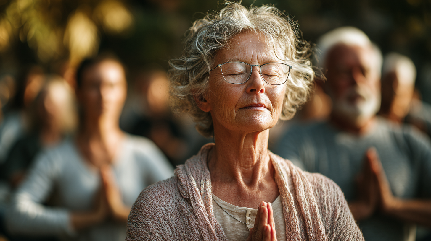 Група зрели възрасти практикуват йога на открито в спокойна обстановка